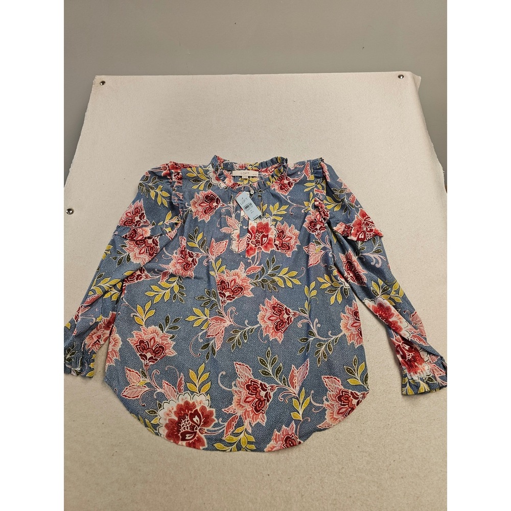 LOFT Petites Floral Ruffle Long Sleeve Blouse Blue Pink Medium‎ Petite NWT J19